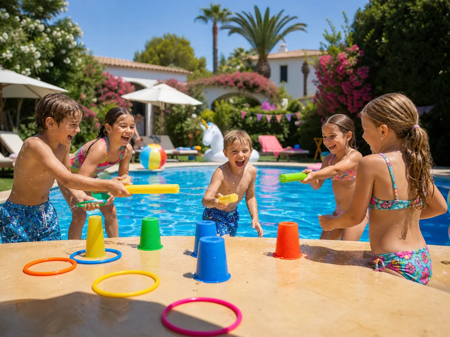 Niños jugando junto a una piscina con juguetes de agua
