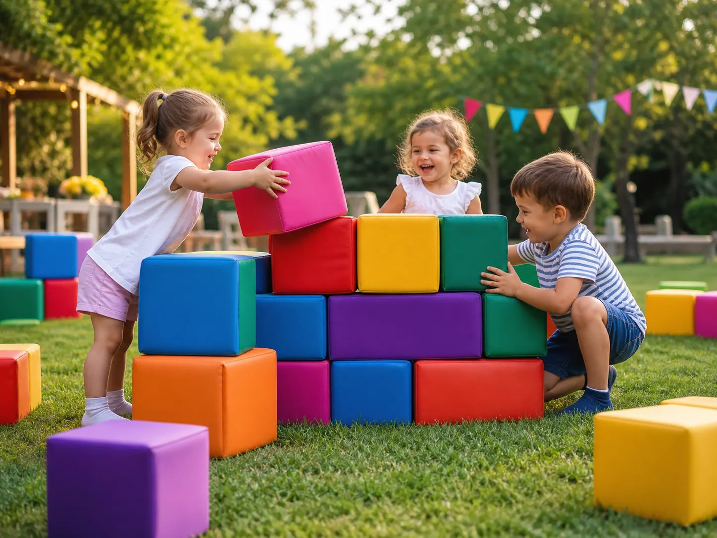 Niños jugando con bloques blandos de colores sobre el césped